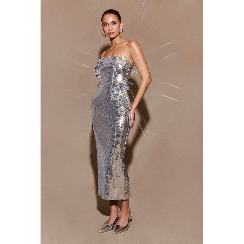 MESHKI Cassia Silver Strapless Sequin Rose Midi Dress Size XL